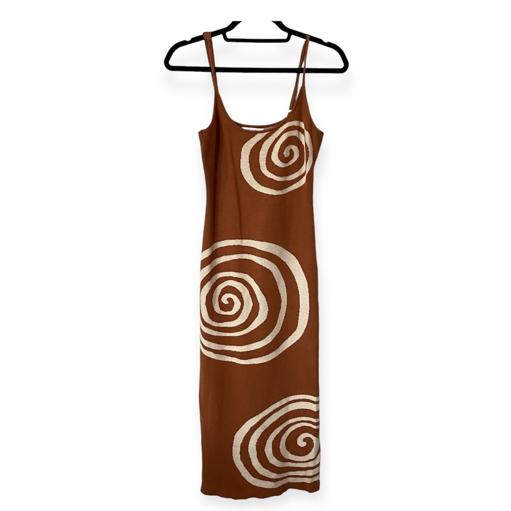 Pretty Garbage Swirl Knit Spaghetti Strap Midi Dress Tan Brown Medium